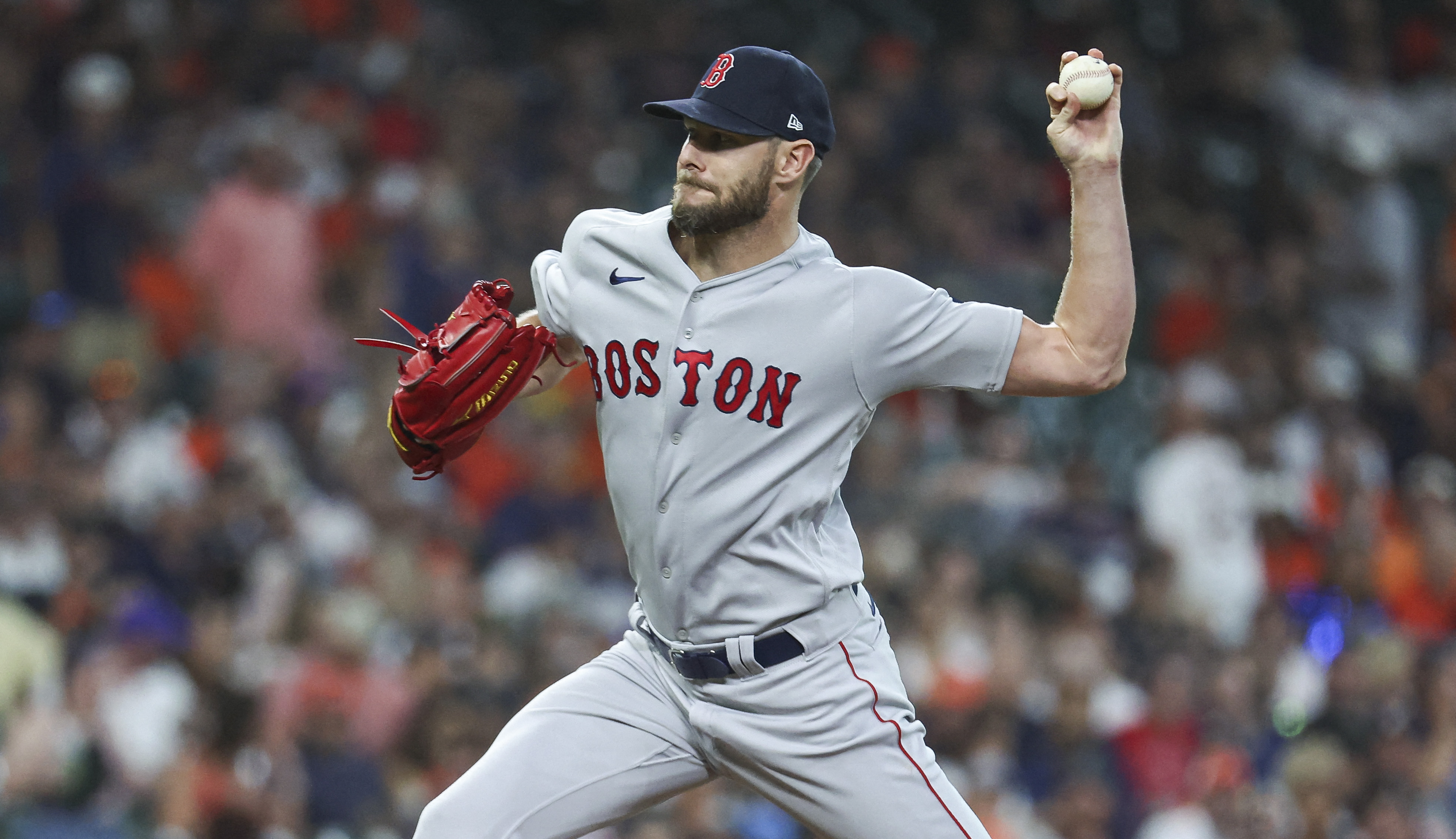 Aug 23, 2023; Houston, Texas, USA; Boston Red Sox starting pitcher Chris Sale (41) delivers a pitch during the first inning against the Houston Astros at Minute Maid Park. Mandatory Credit: Troy Taormina-USA TODAY Sports