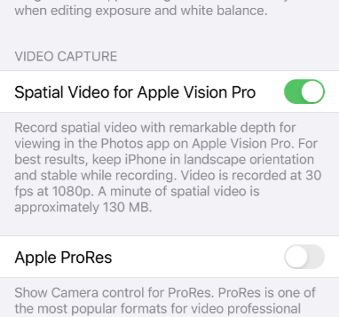 A settings page to turn on spatial video. 