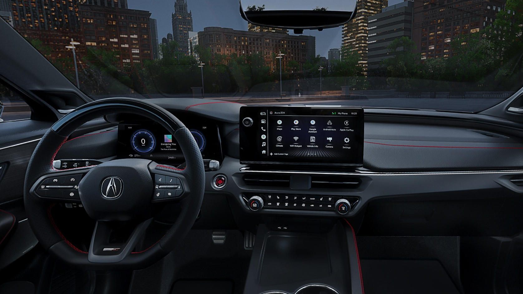 Internal marketing photo of the Acura ZDX SUV. The EV’s interior shows the center display, steering wheel and other dash features.