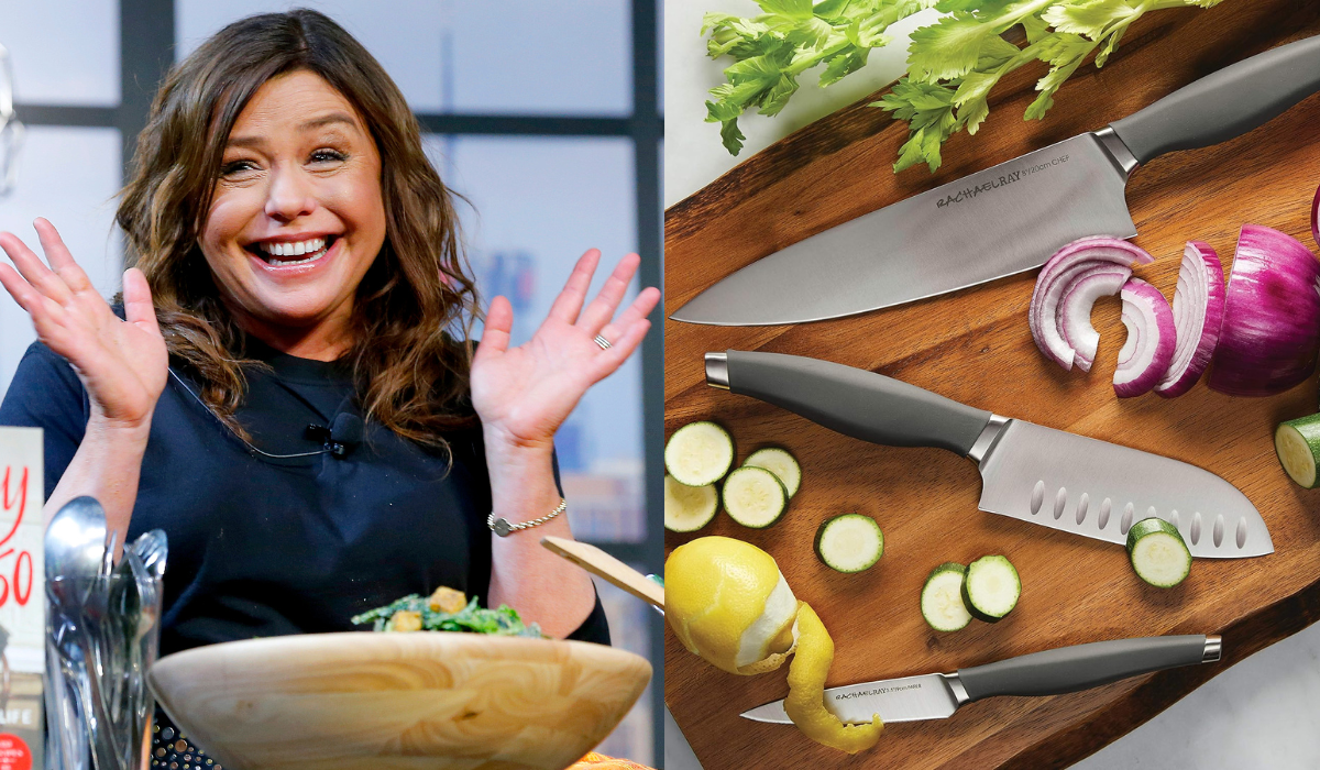 Rachael Ray Cutlery Japanese Stainless Steel Knives Set with Sheaths,  8-Inch Chef Knife, 5-Inch Santoku Knife, and 3.5-Inch Paring Knife, Teal