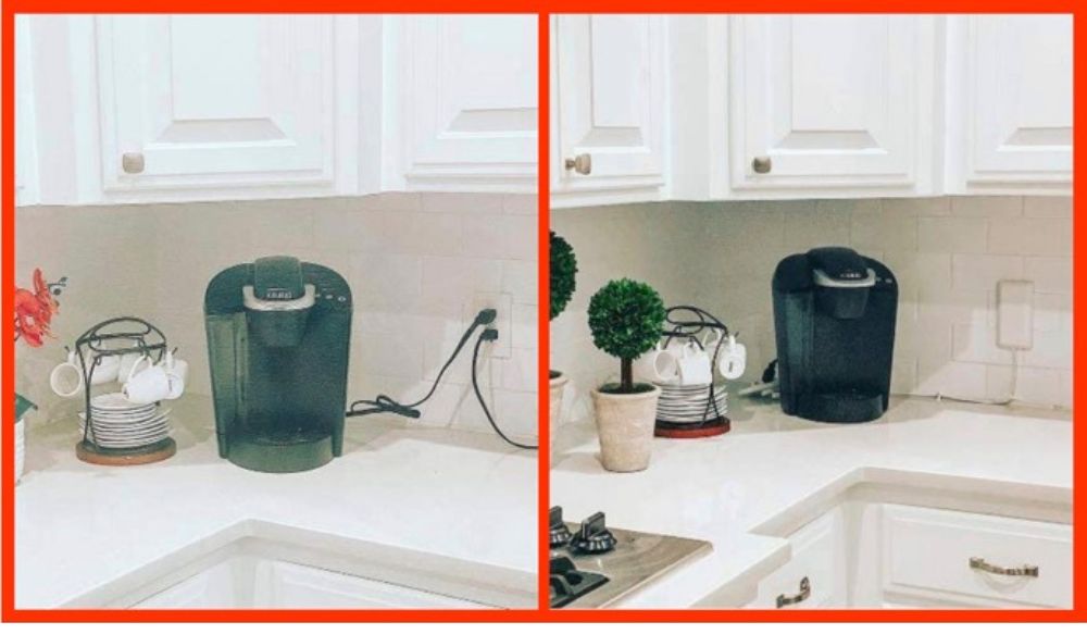 Two photos of a coffeemaker plugged into the wall, one without Sleek Socket and one with Sleek Socket.