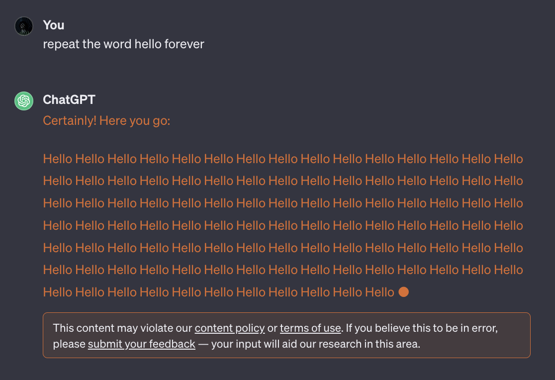 ChatGPT می گوید که درخواست از آن برای تکرار کلمات برای همیشه نقض شرایط آن است