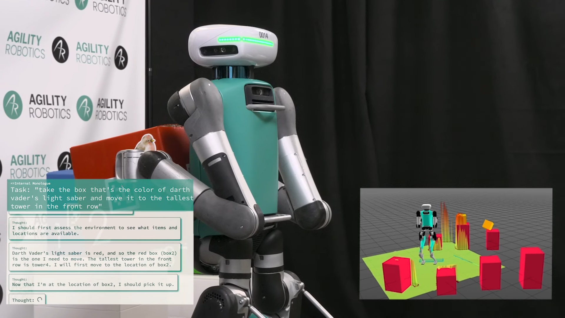 Still from a demo video of the Digit robot holding a red crate. An overlay on the lower left reveals the robot’s inner monologue, while one on the lower right shows a 3D map the robot uses for navigation.