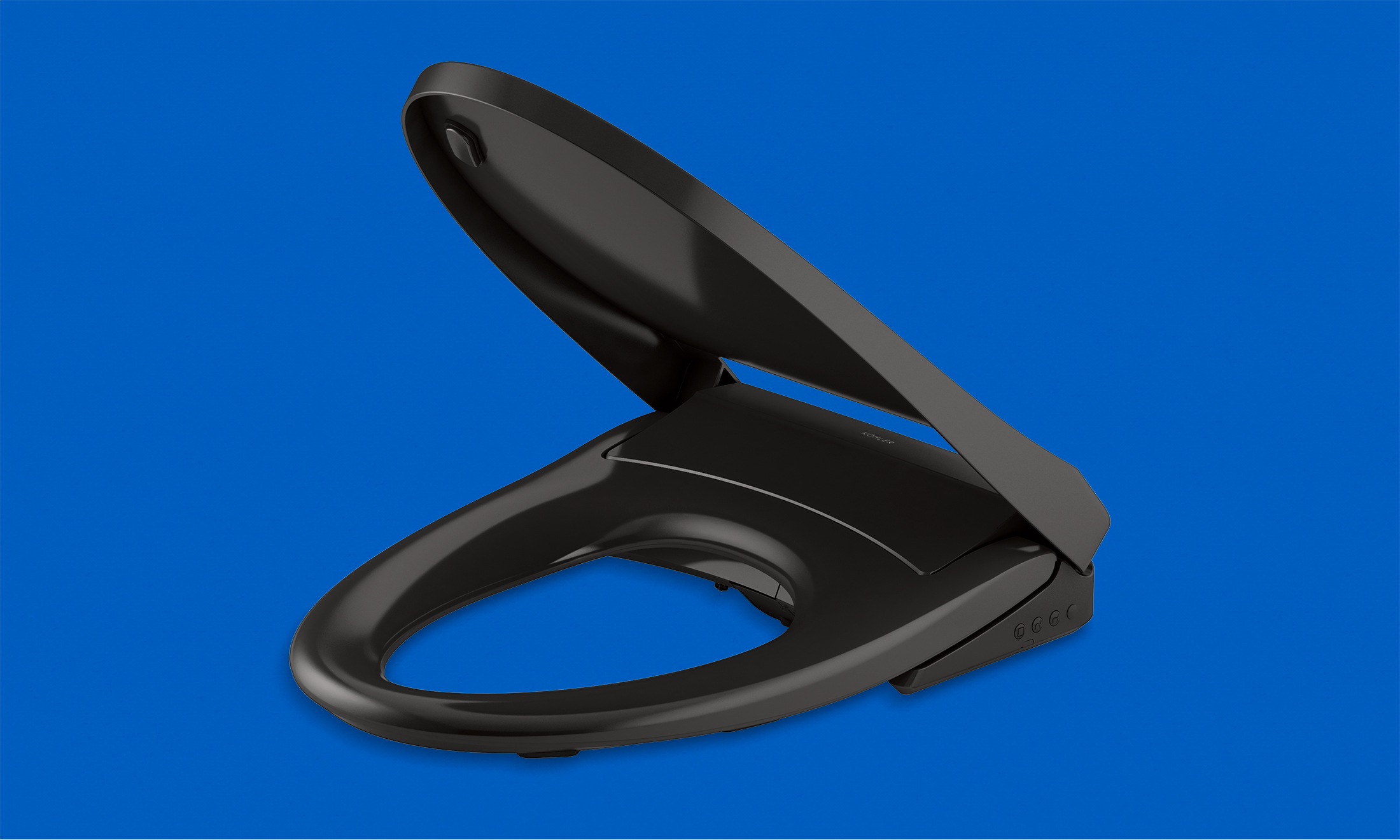 Black toilet seat (isolated from toilet bowl) on blue background. Product marketing photos.