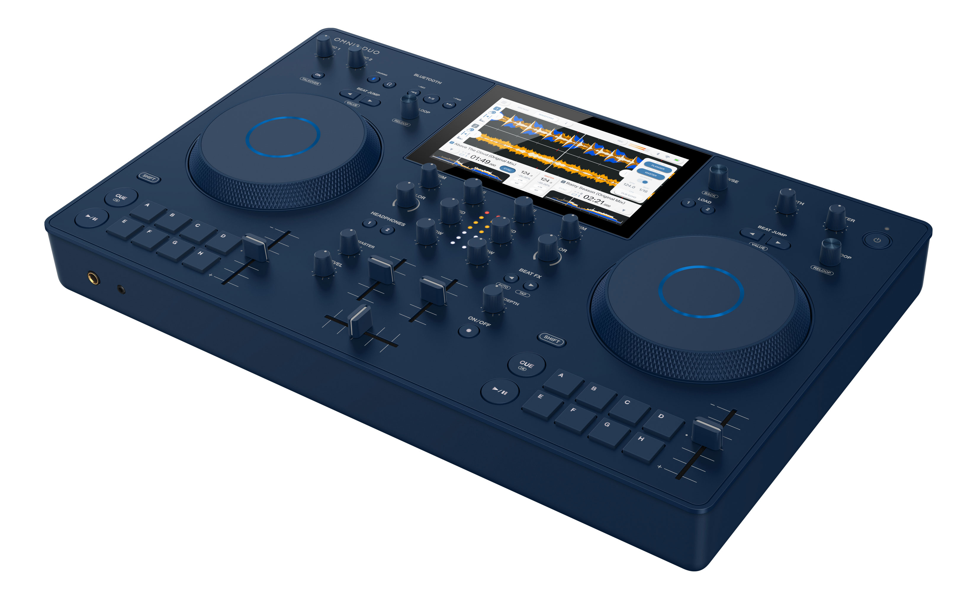 The AlphaTheta Omnis-Duo all-in-one DJ controller in black (or possibly dark blue) seen at an angle showing off its mixer panel, dual jog wheels and touchscreen display.