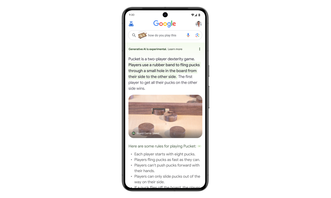 A phone screen showing search results (in the Google mobile app) for a visual search of a mysterious board game. The results reveal the game is pucket.