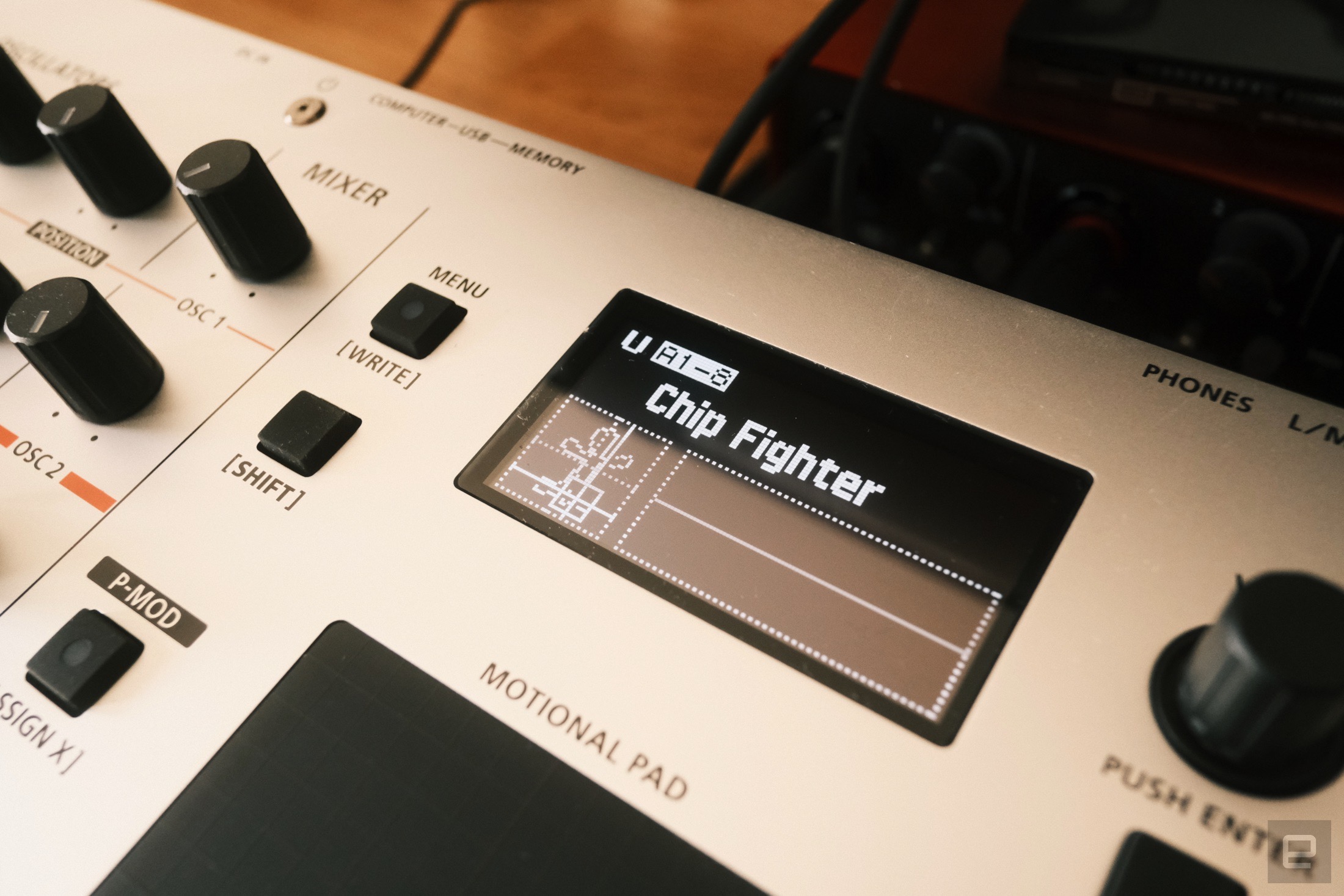The Chip Fighter patch on the Roland Gaia 2 shows the automatic sketching of a small character.