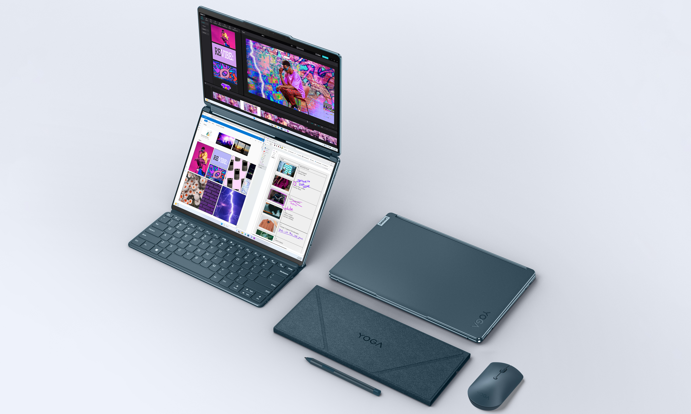 Product marketing image of the Lenovo Yoga Book 9i. It sits with one of its screens above the other with keyboard attached. Several other accessories sit to the right. Gray-ish background with subtle shadows.