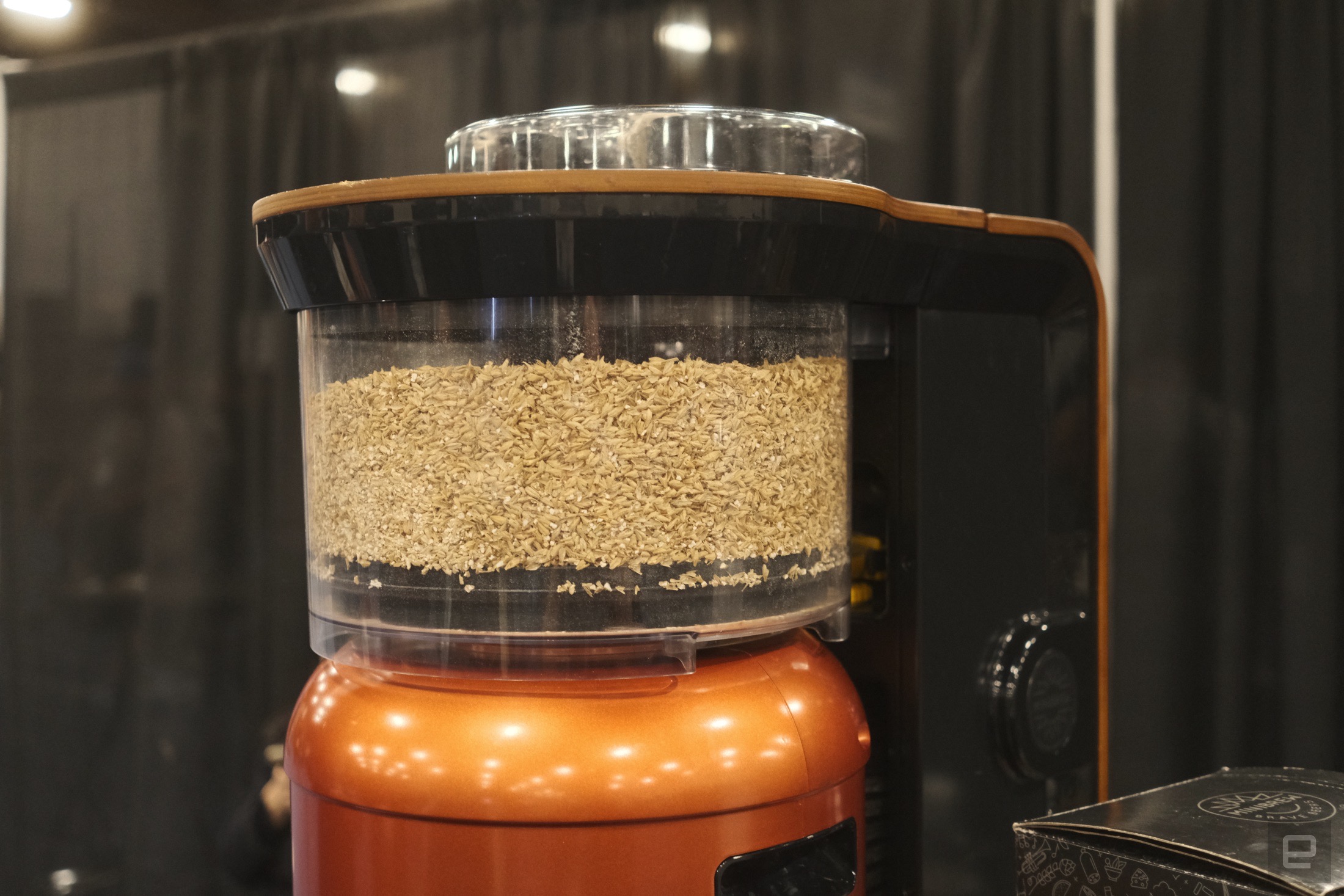 Close up of the Exobrew's grain hopper at CES Unveiled 2024.