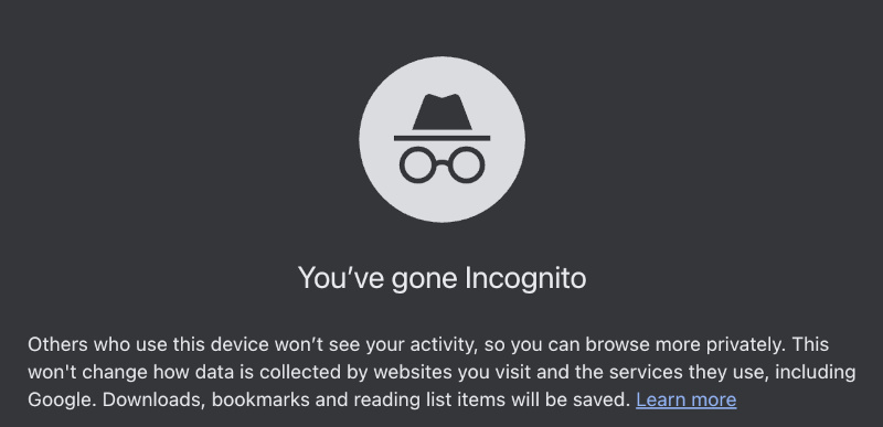 A screenshot showing incognito mode's new disclaimer.