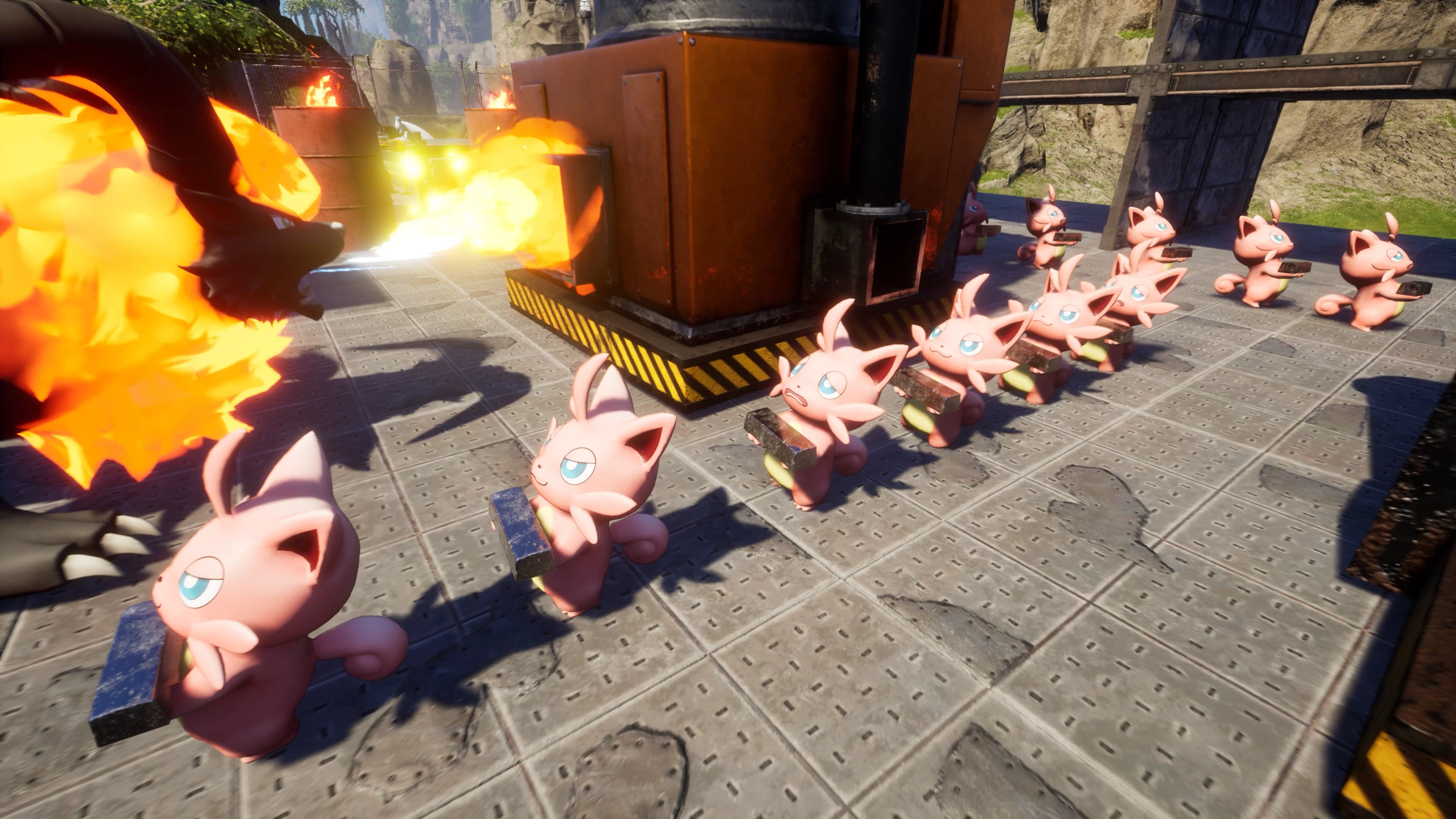 A screen from the game Palworld, showing pink creatures carrying raw materials in an orderly line. Flaming machines sit behind them.
