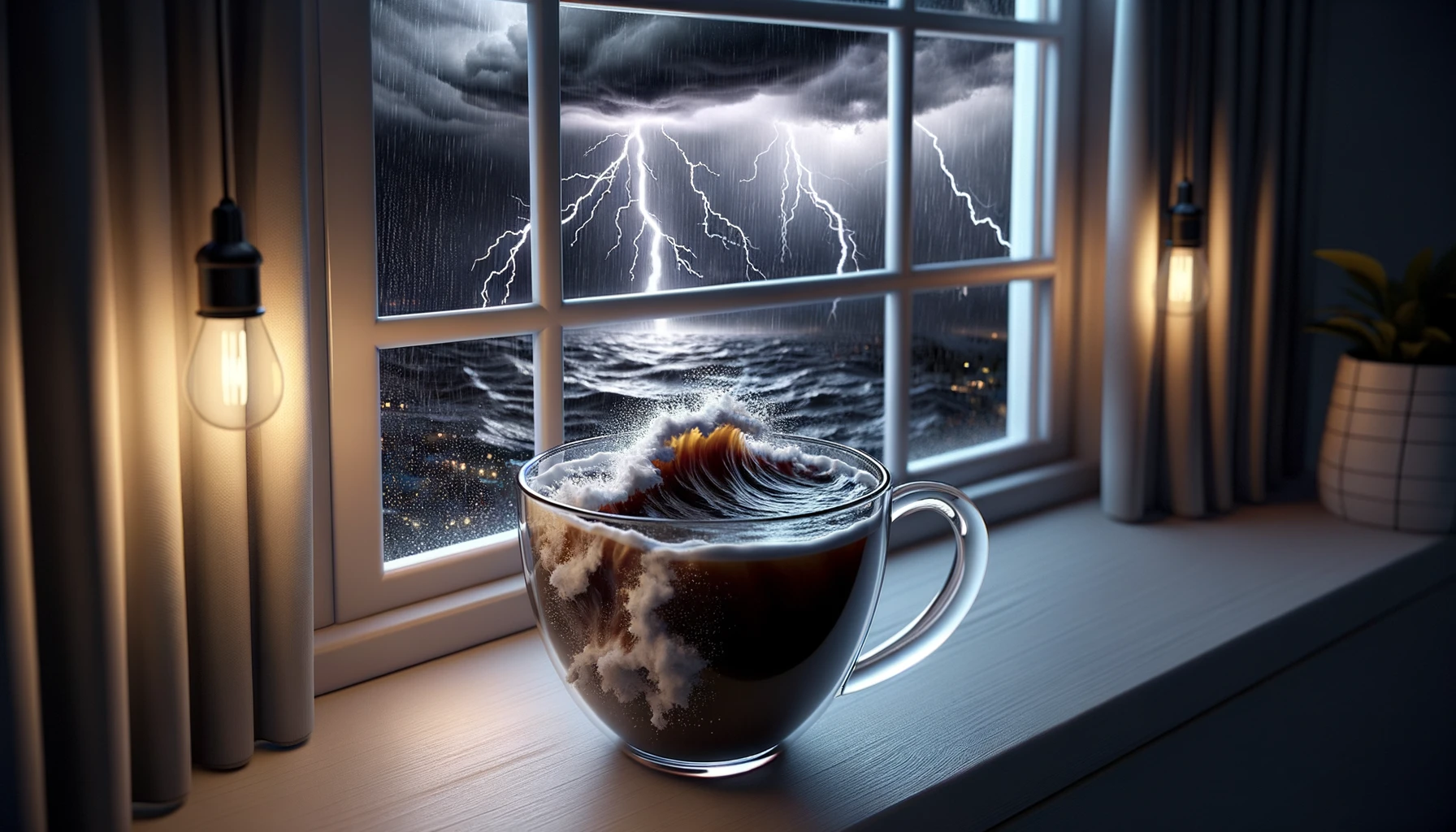 AI-generated image of a teacup with a violent wave inside of it. A storm brews from behind the window sill behind it.