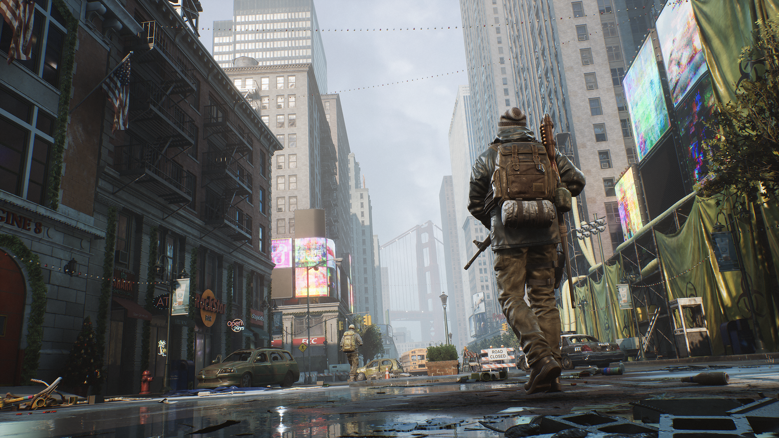 A promotional screenshot for the discontinued game The Day Before. A player in military uniform patrols a barren city.