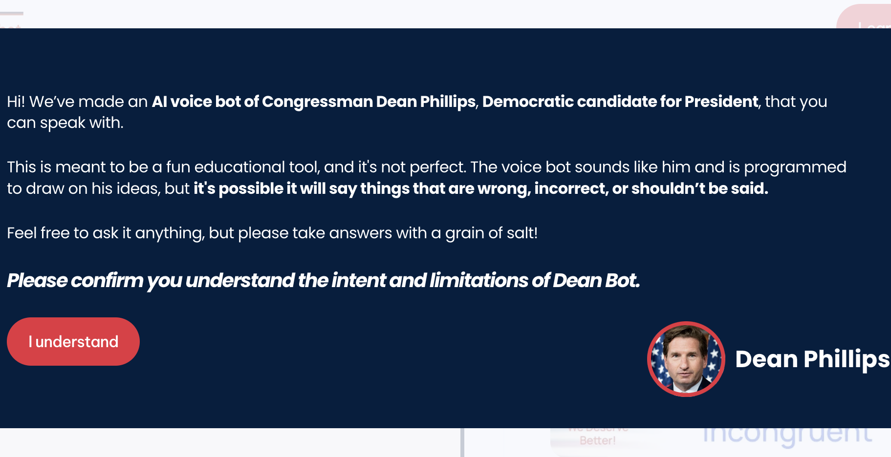 A disclaimer for the chatbot of Congressman Dean Phillips