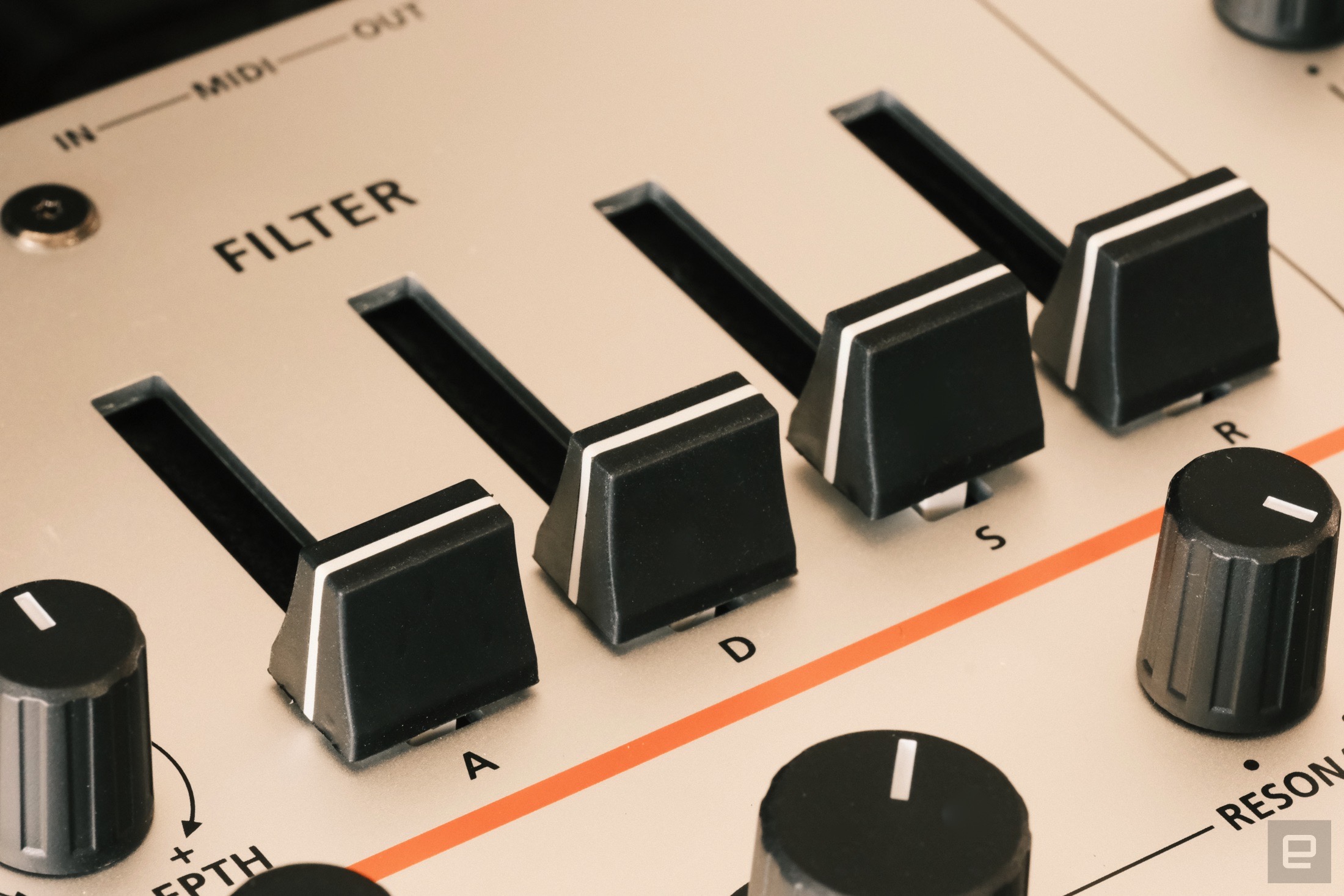 The ADSR faders for the filter envelope on the Roland Gaia 2.