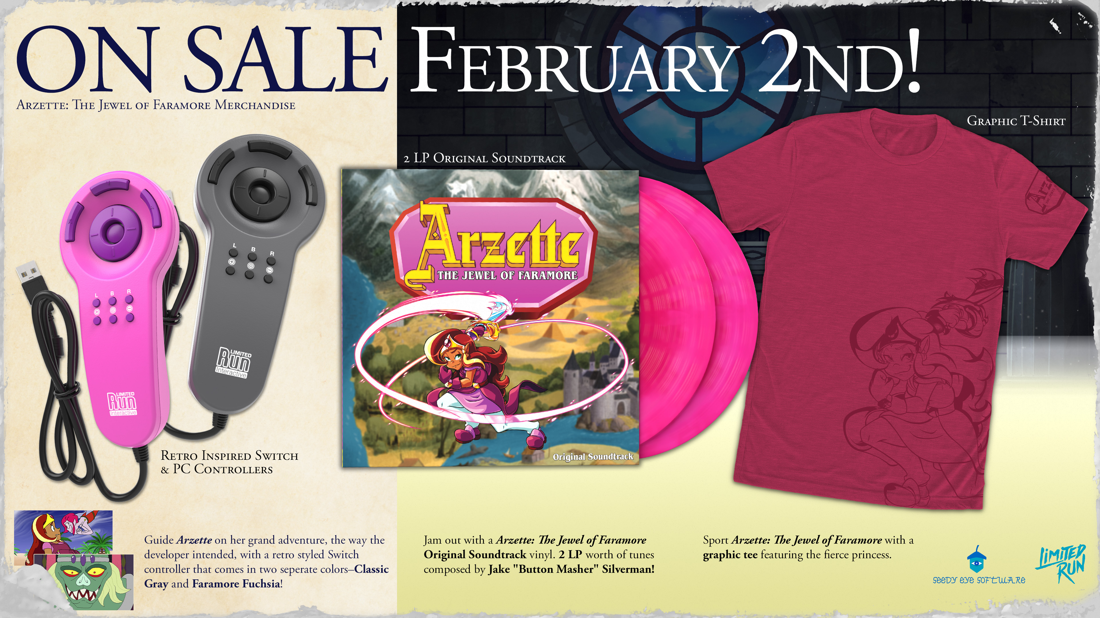 Promotional image for gear promoting the upcoming game Arzette: The Jewel of Faramore.