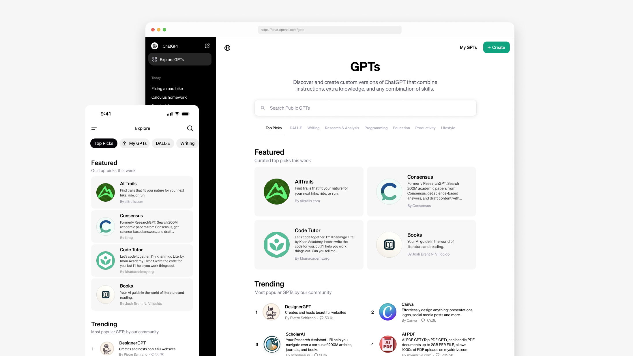 ChatGPT OpenAI screenshot of the GPT store. It highlights apps featured in All Trails, Consensus, Code Tutor, and Books.