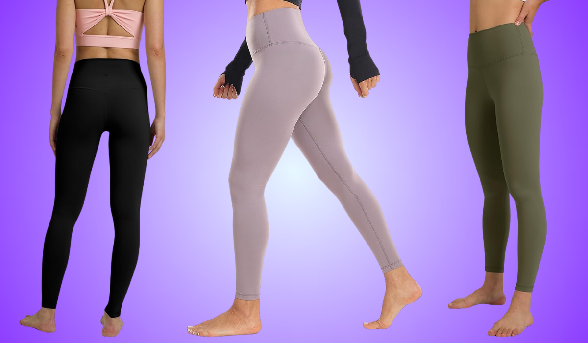 legs wearing the leggings in black, lavender and green on a purple background