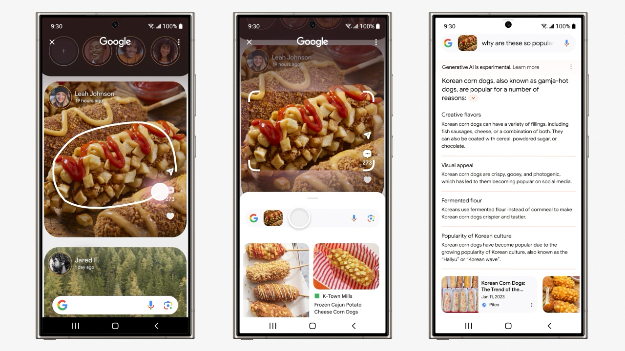 Demo in three phone screens (lined up horizontally) of Google's Circle to Search feature. On the left, a social post with a circled corndog. Center: the corn dog highlighted with a search result pop-up at the bottom. Right: full search results for the corndog query.