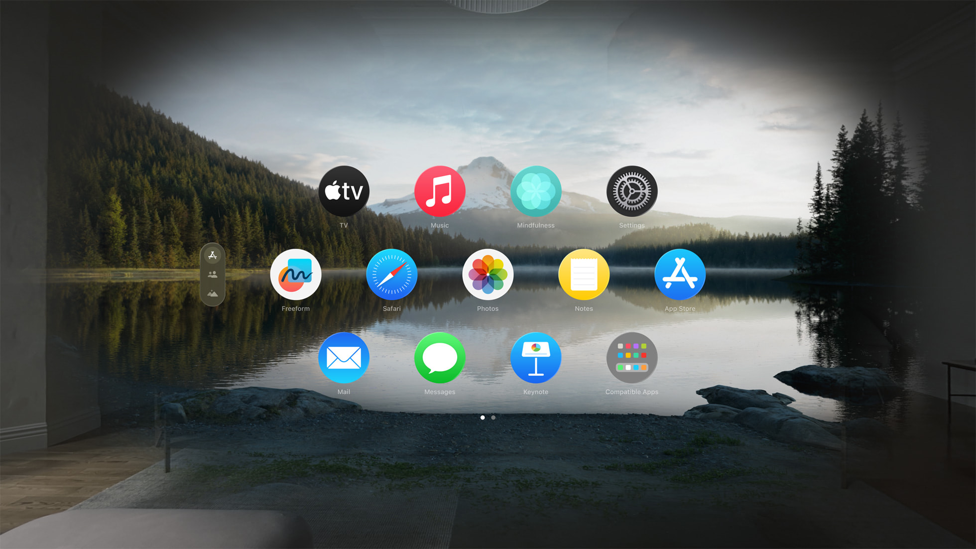 A screenshot of the Vision Pro home screen, with about a dozen apps floating above a lake.