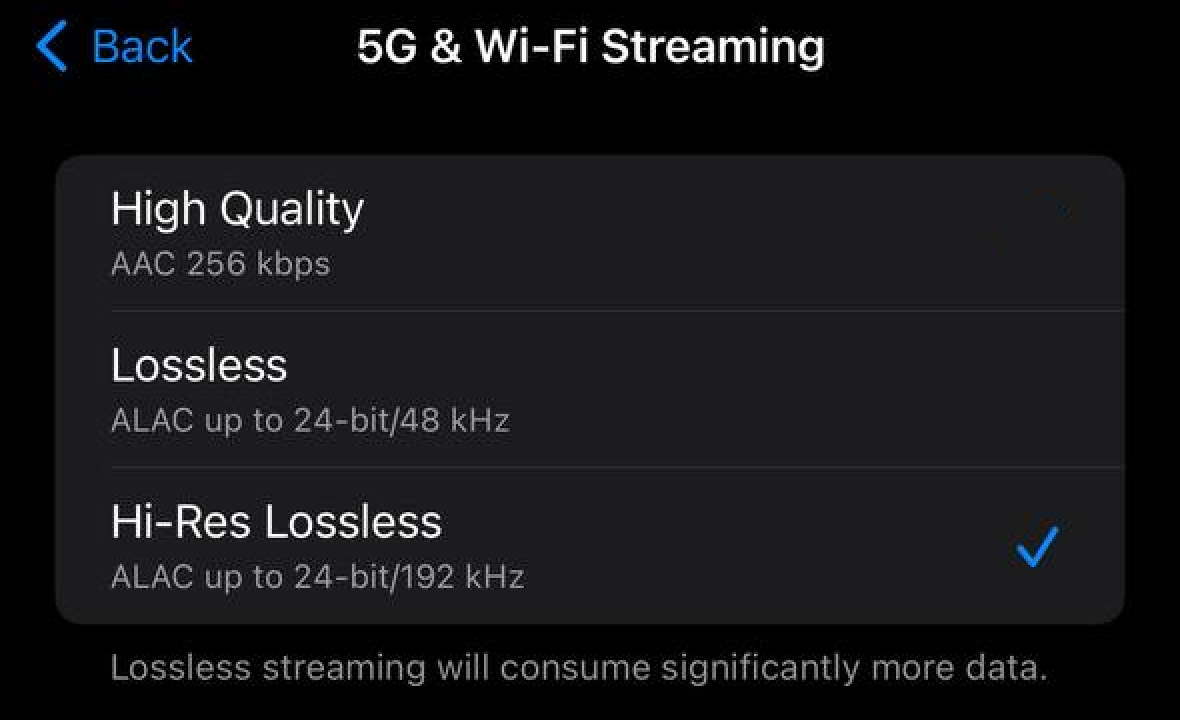 Apple Music high-resolution lossless settings.