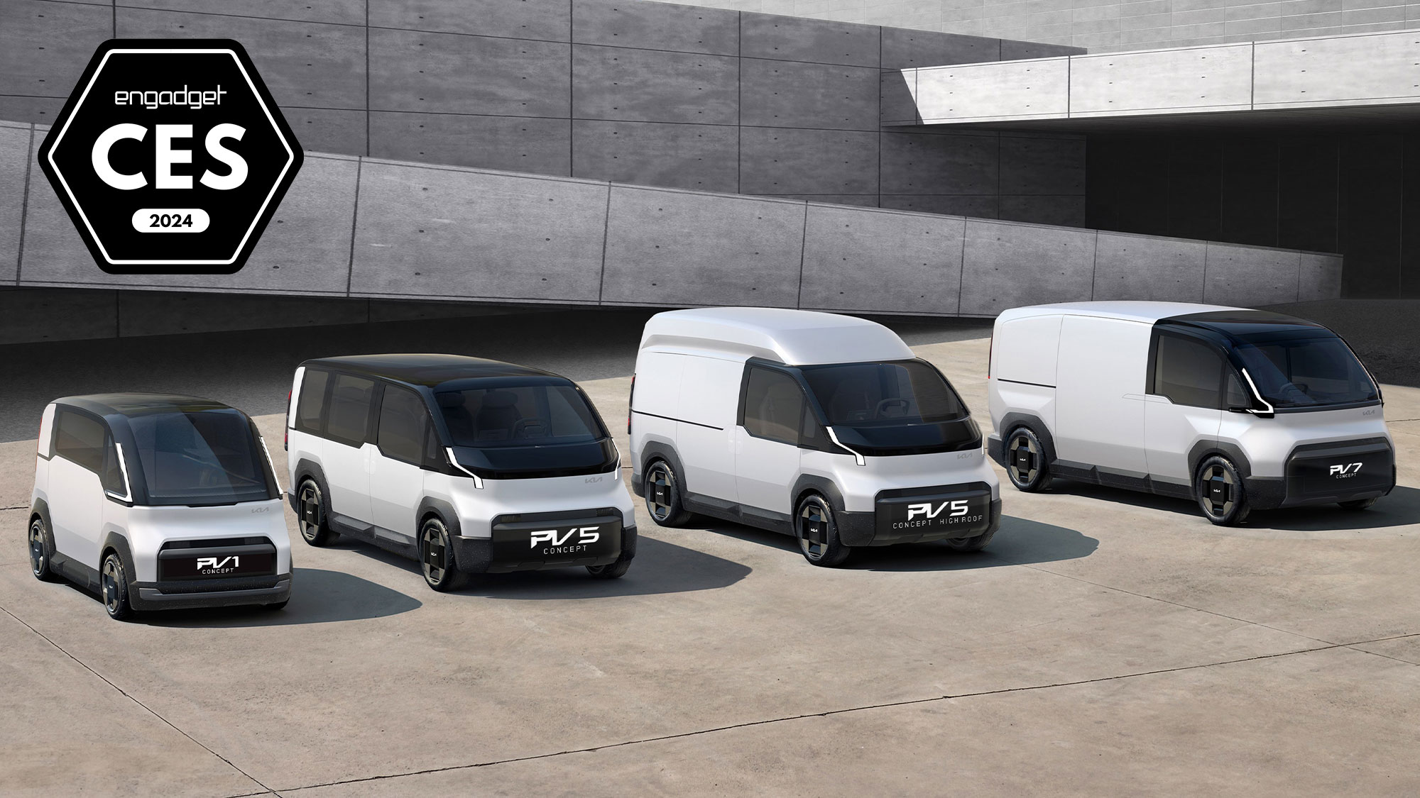 تصویری با نشان Engadget Best of CES 2024 که محصول را نشان می‌دهد: Kia Platform Beyond Vehicles به‌عنوان مجموعه‌ای از چهار وسیله نقلیه به سبک ون در یک محوطه بیرونی سنگ‌فرش‌شده بزرگ با معماری مدرن در مقیاس بزرگ پشت سرشان.