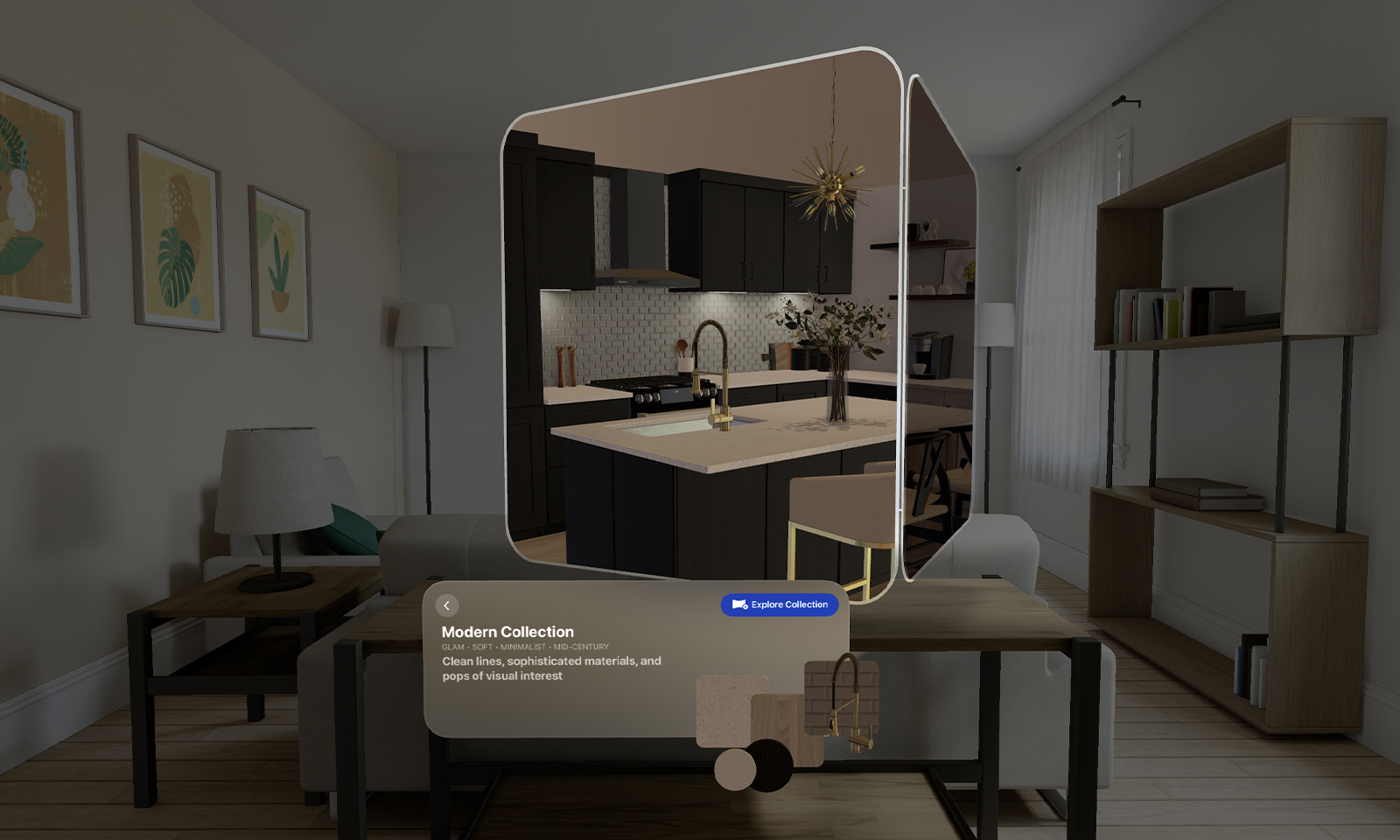 VisionOS પર લોવેની એપ્લિકેશનની છબી.  લિવિંગ રૂમમાં સિંક દર્શાવતી વિન્ડો 3D વિન્ડોમાં તરતી રહે છે અને તેની પાછળ વાસ્તવિક લિવિંગ રૂમ દેખાય છે.