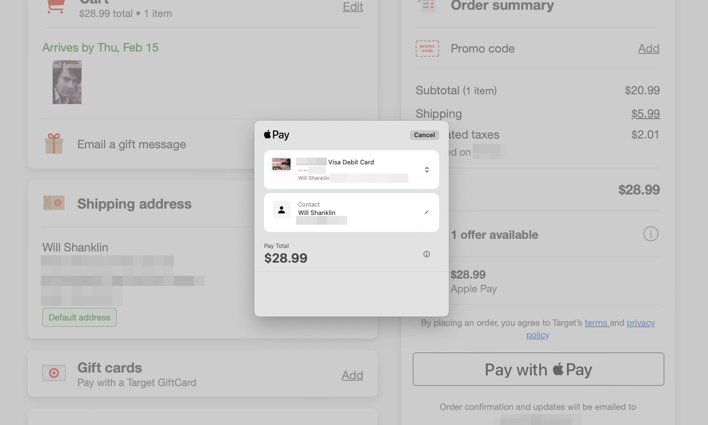 Screenshot of an Apple Pay checkout confirmation at Target's website. An Apple Pay overlay prompts the user to confirm using Touch ID. Behind is the checkout screen.