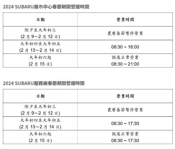 圖／SUBARU全台服務據點農曆春節營運時間公告。