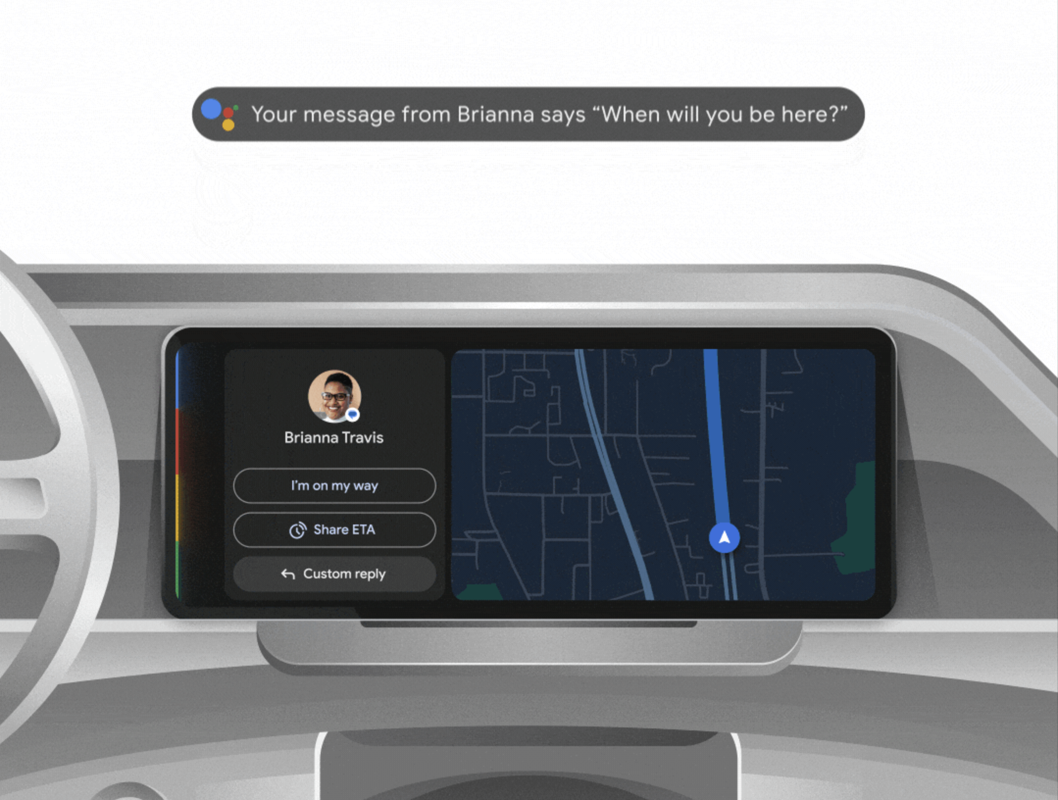 Android Auto displayed on a rendering of a car infotainment screen showing a message to a contact named Brianna Travis asking 