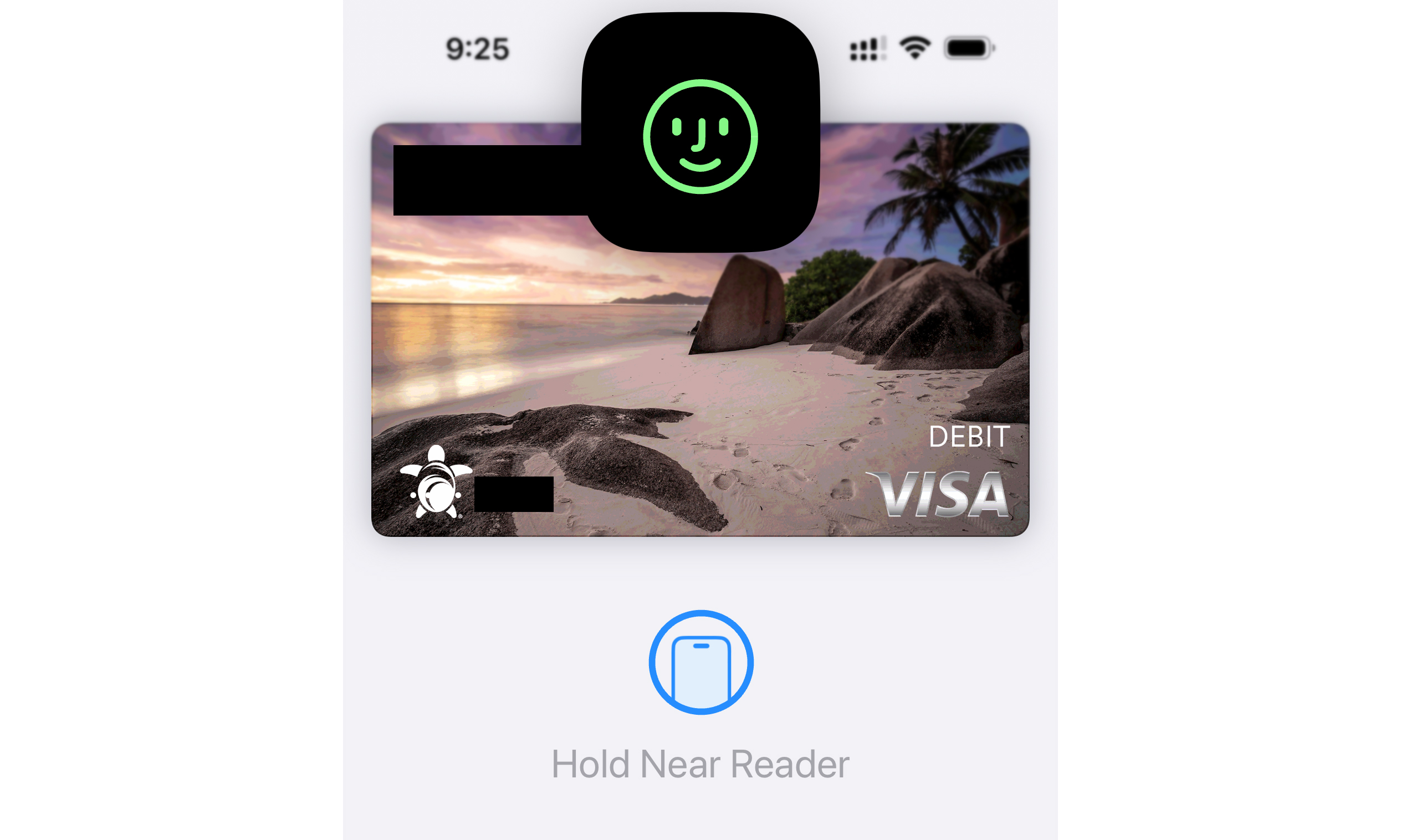 صفحه تایید Apple Pay در آیفون.  یک کارت نقدی (با اطلاعات بانکی و چهار رقم آخر سیاه شده) با یک جعبه سیاه با صورتک سبز شناور در بالا.  در زیر، متن 