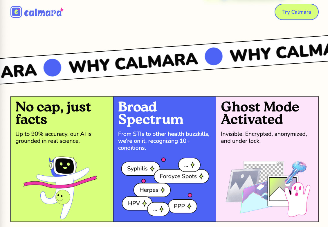 Image of the Calmara website showing its claim of 