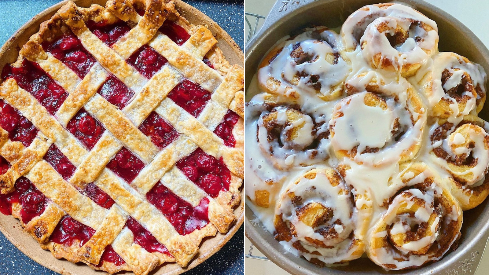 author photos of a homemade cherry pie and homemade glazed cinnamon rolls, both of which were baked in a Cuisinart toaster oven