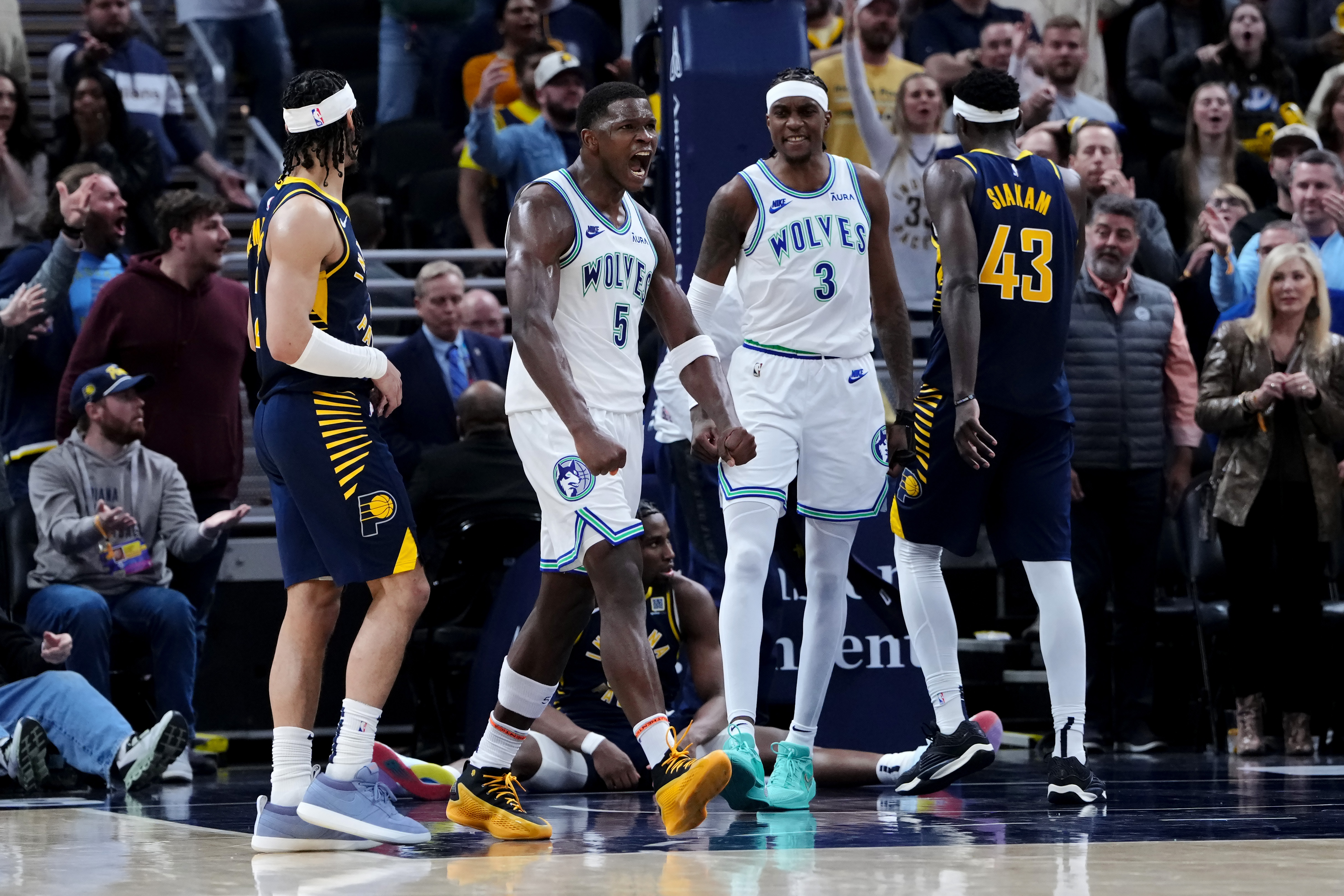 INDIANAPOLIS, INDIANA - MARCH 07: Anthony Edwards #5 of the Minnesota Timberwolves celebrates after beating the Indiana Pacers 113-111 at Gainbridge Fieldhouse on March 07, 2024 in Indianapolis, Indiana. NOTE TO USER: User expressly acknowledges and agrees that, by downloading and or using this photograph, User is consenting to the terms and conditions of the Getty Images License Agreement. (Photo by Dylan Buell/Getty Images)