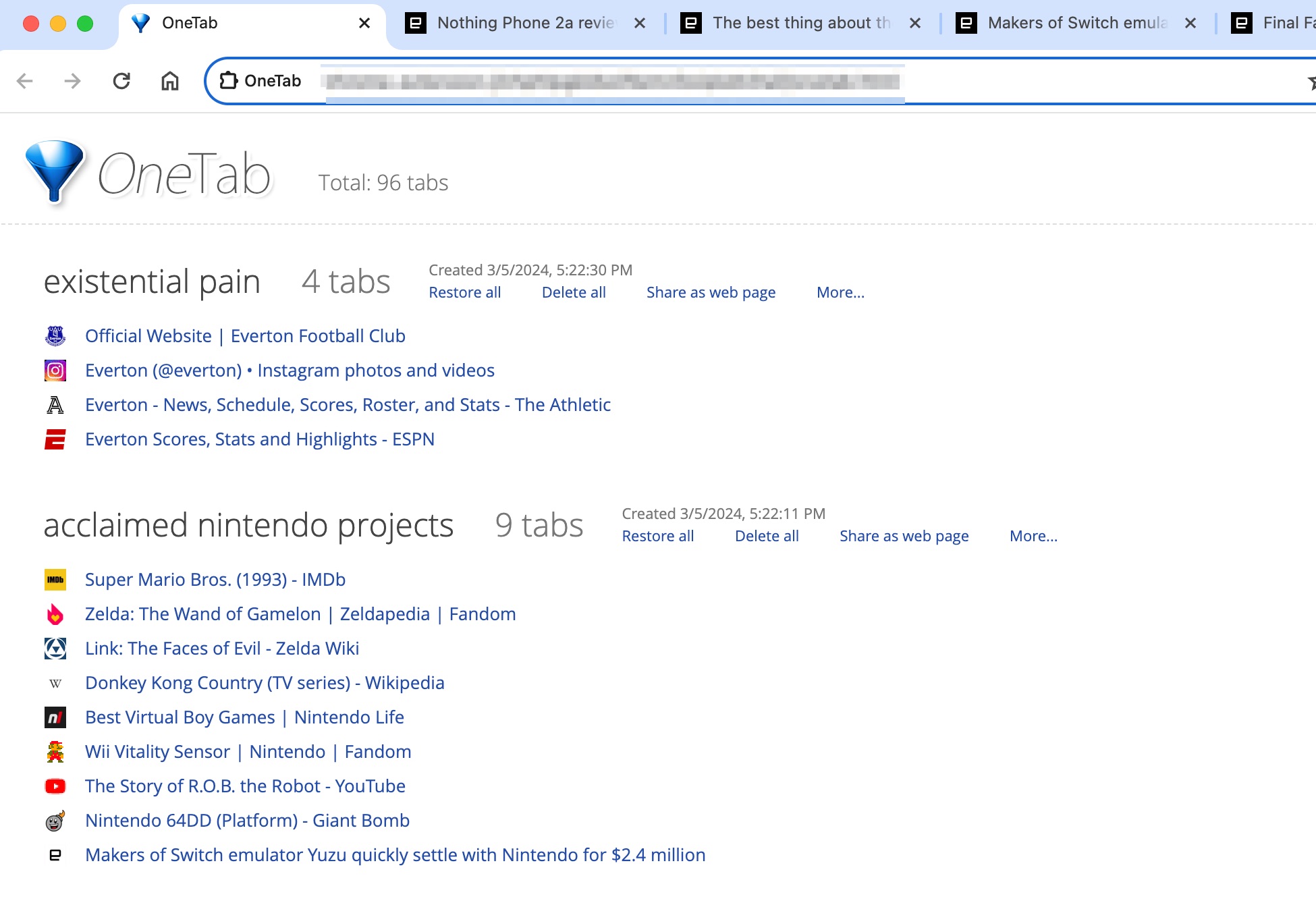 A screenshot of the browser extension OneTab.