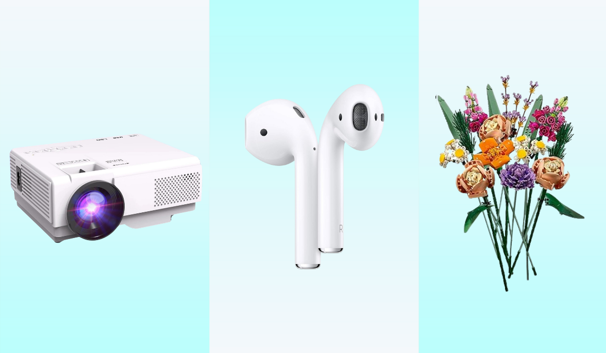 projector, Apple AirPods; Lego flowers