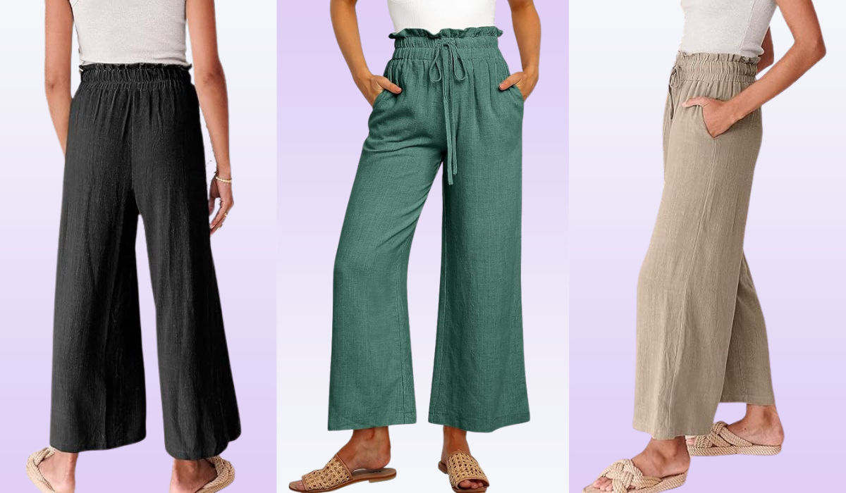 back, front and size view of woman wearing linen pants in black, teal and beige