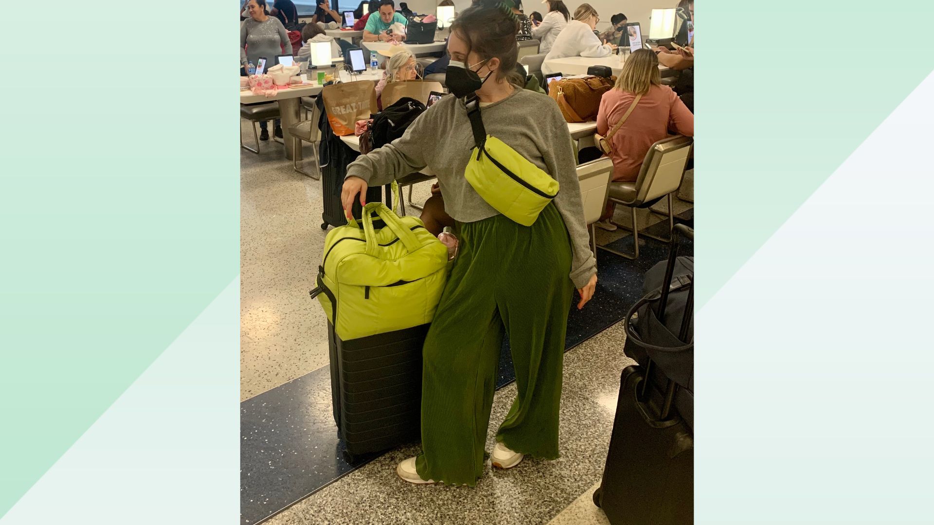 The author with the Luka lime green duffel bag and matching belt bag at the airport.