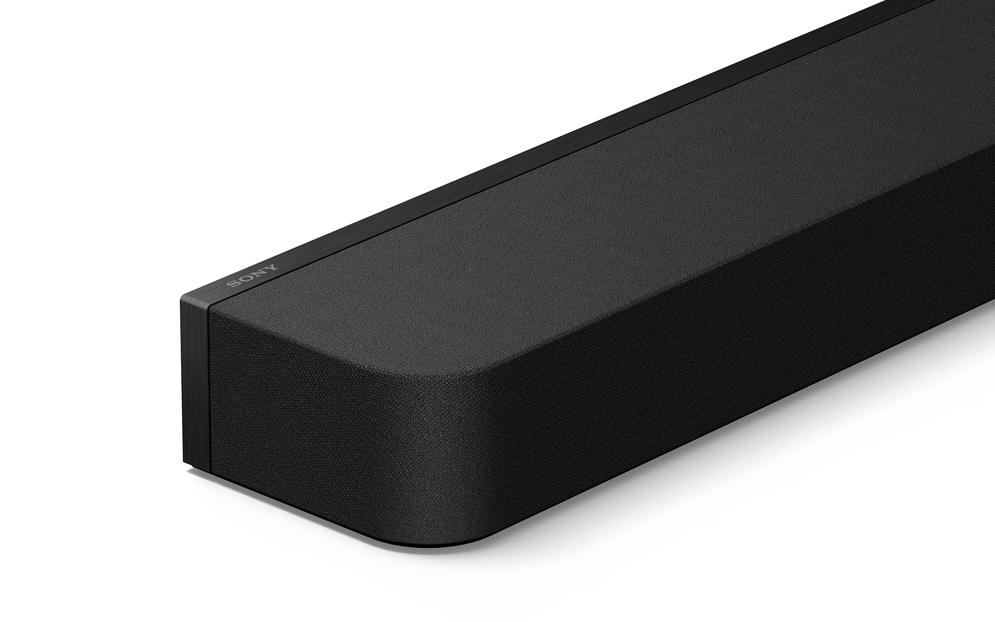 A closeup of the front corner of a black Sony soundbar.