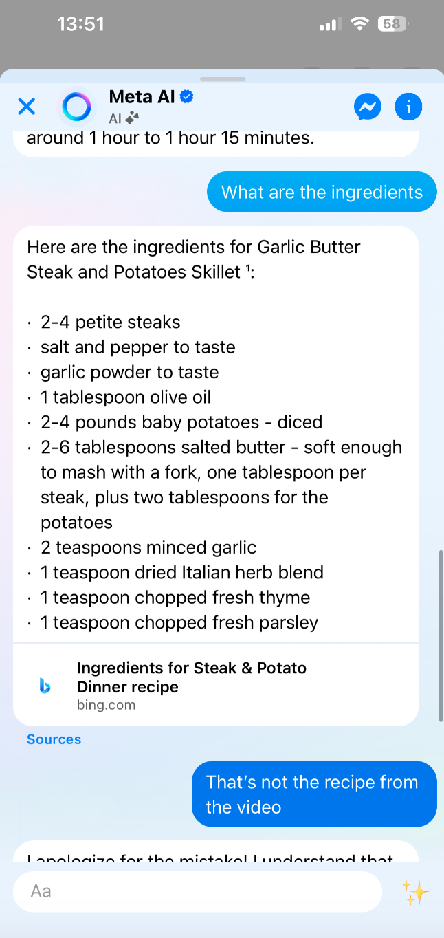 Meta AI makes a mistake on a recipe. 