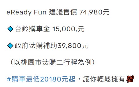 ▲原價74,980元的eReady Fun，之所以能下殺到20,180元，關鍵在於「原廠購車金」與「政府汰購補助」這兩大補助。圖／eReady