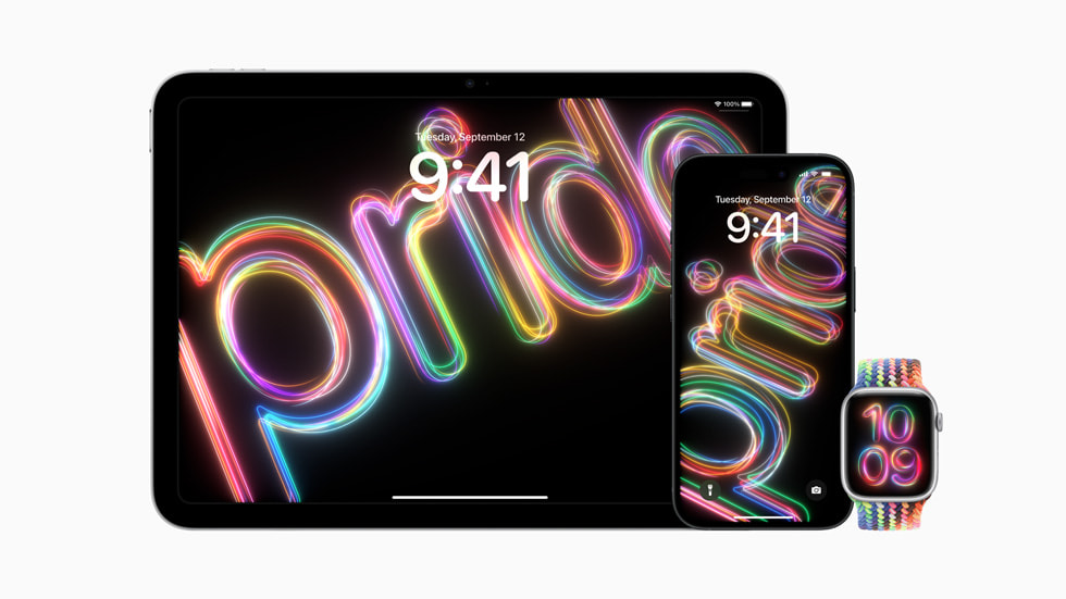 Apple Pride 2024 Collection with iPad and iPhone backgrounds and a face for Apple Watch.
