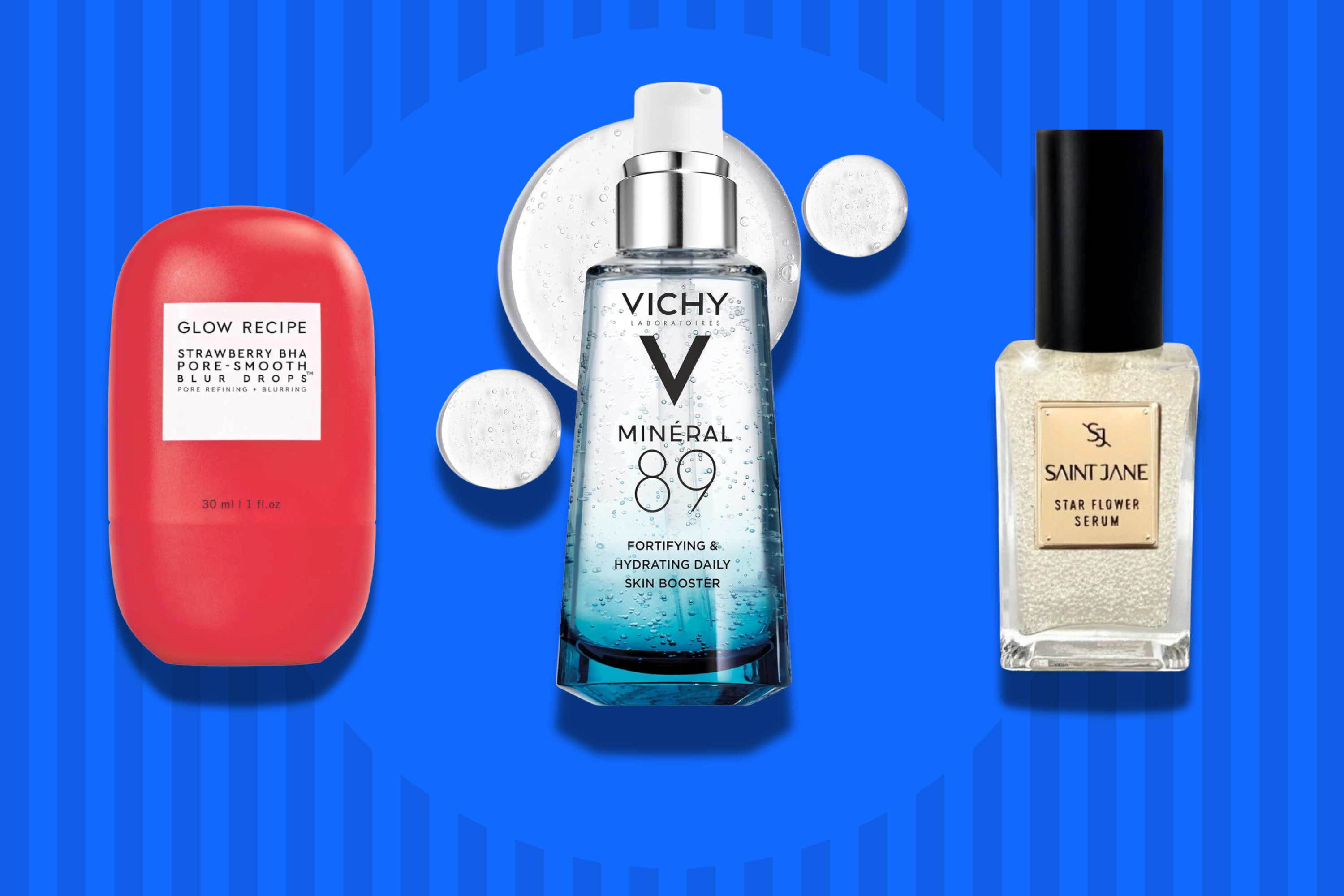 Glow Recipe, Vichy and Saint Jane face serums on a bright background.
