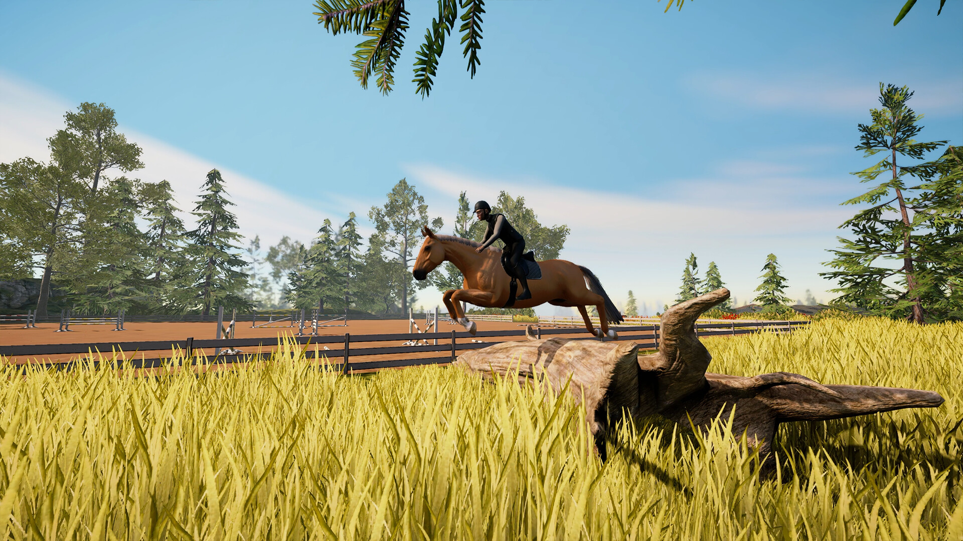 A rider and horse jump over a log in a field next to a training area