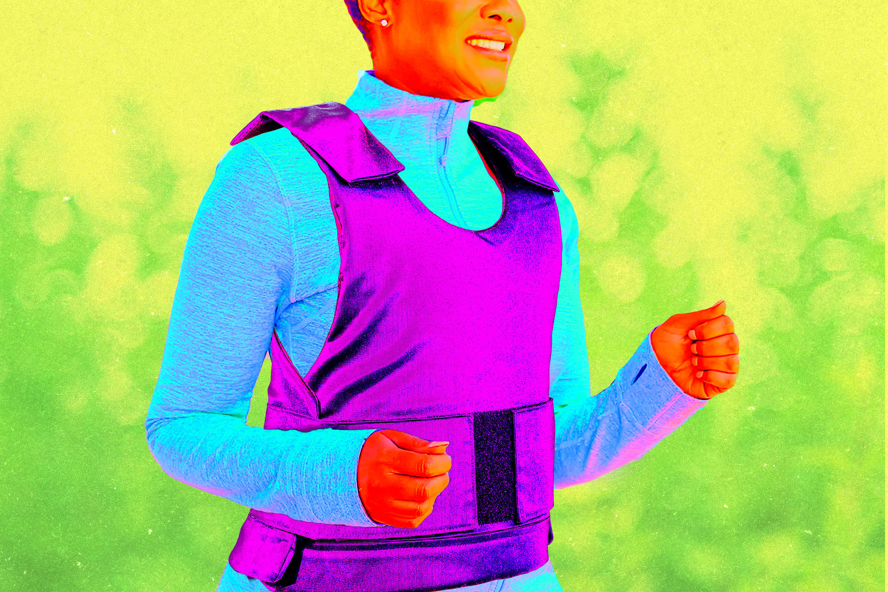 A photo illustration of a woman walking while wearing a weighted vest.