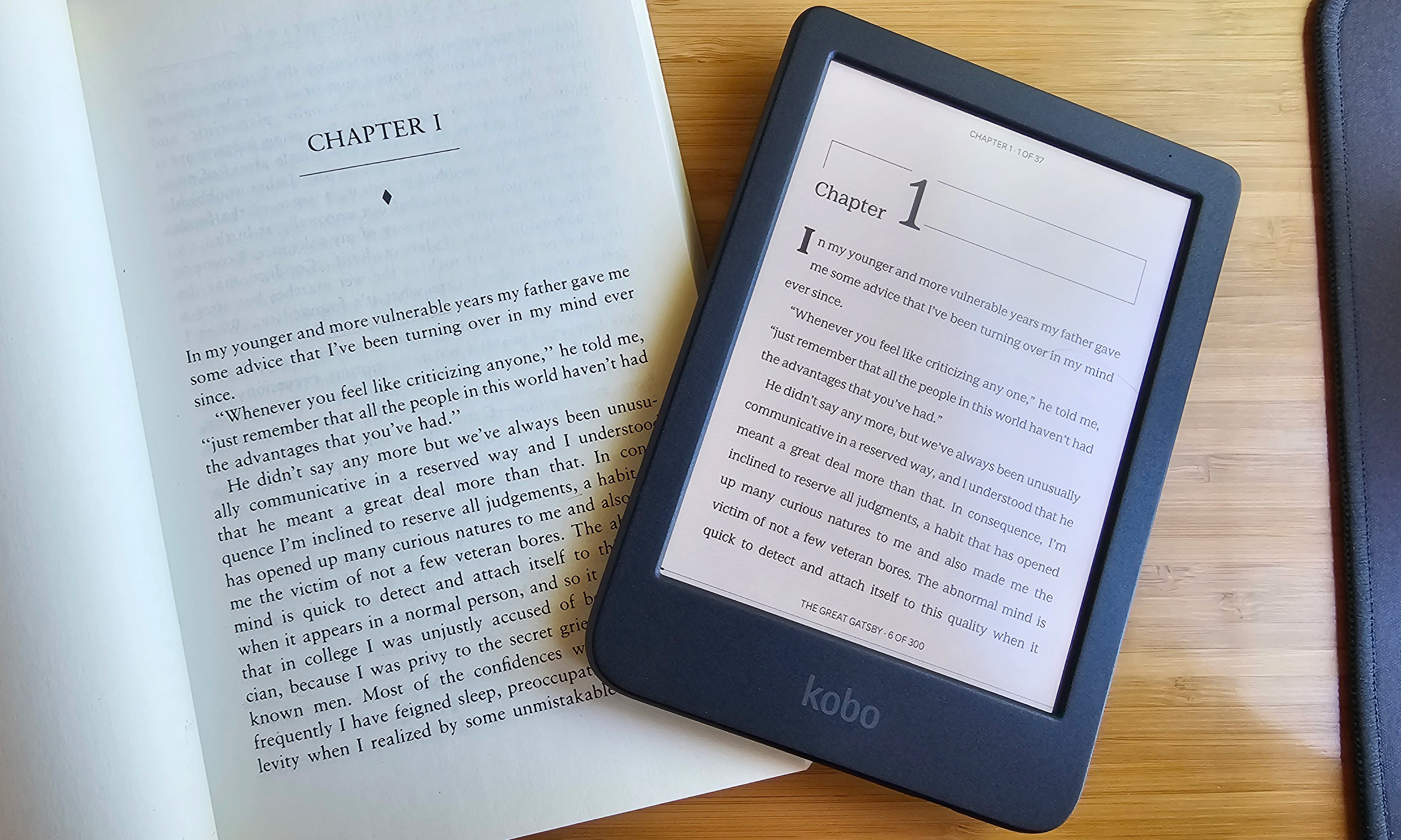 The Kobo Clara Colour and a trade paperback display the same page of a book. 