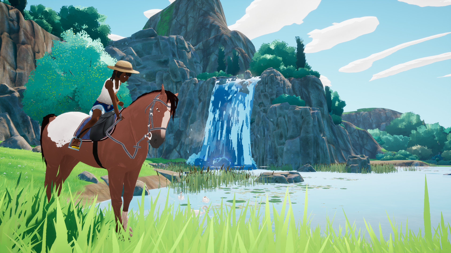 A still from Horse Tales: Emerald Valley Ranch showing a rider on a horse standing in front of a lake and waterfall
