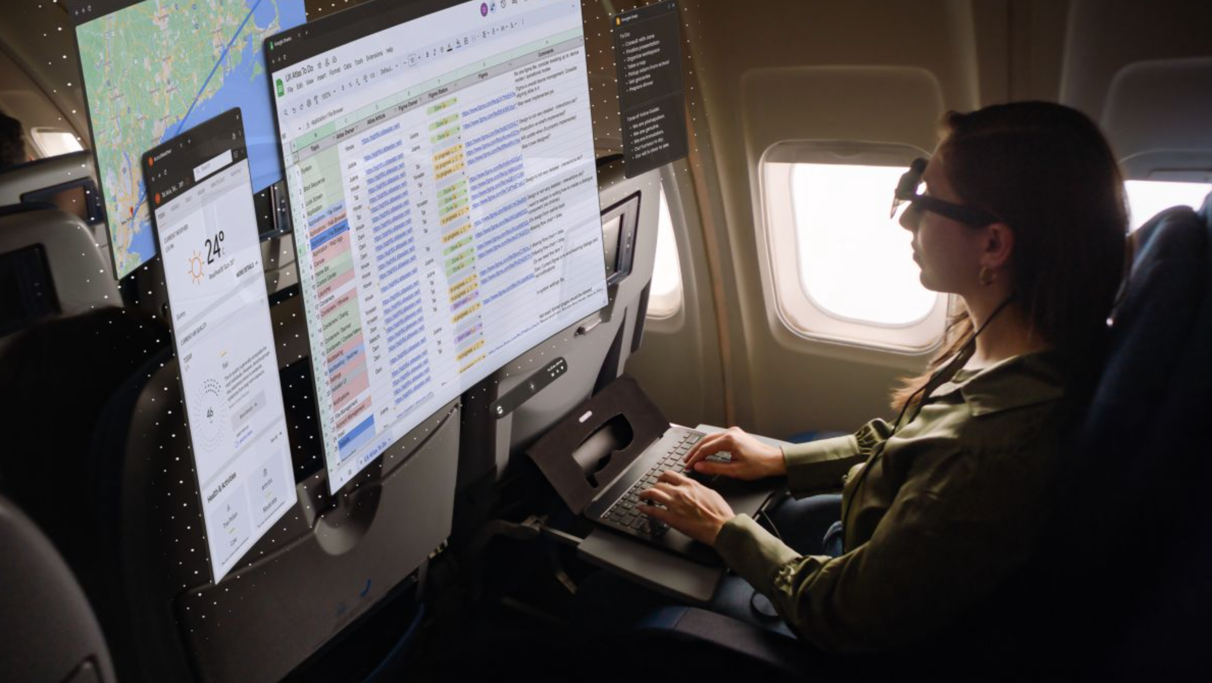 A lady using it on a plane.