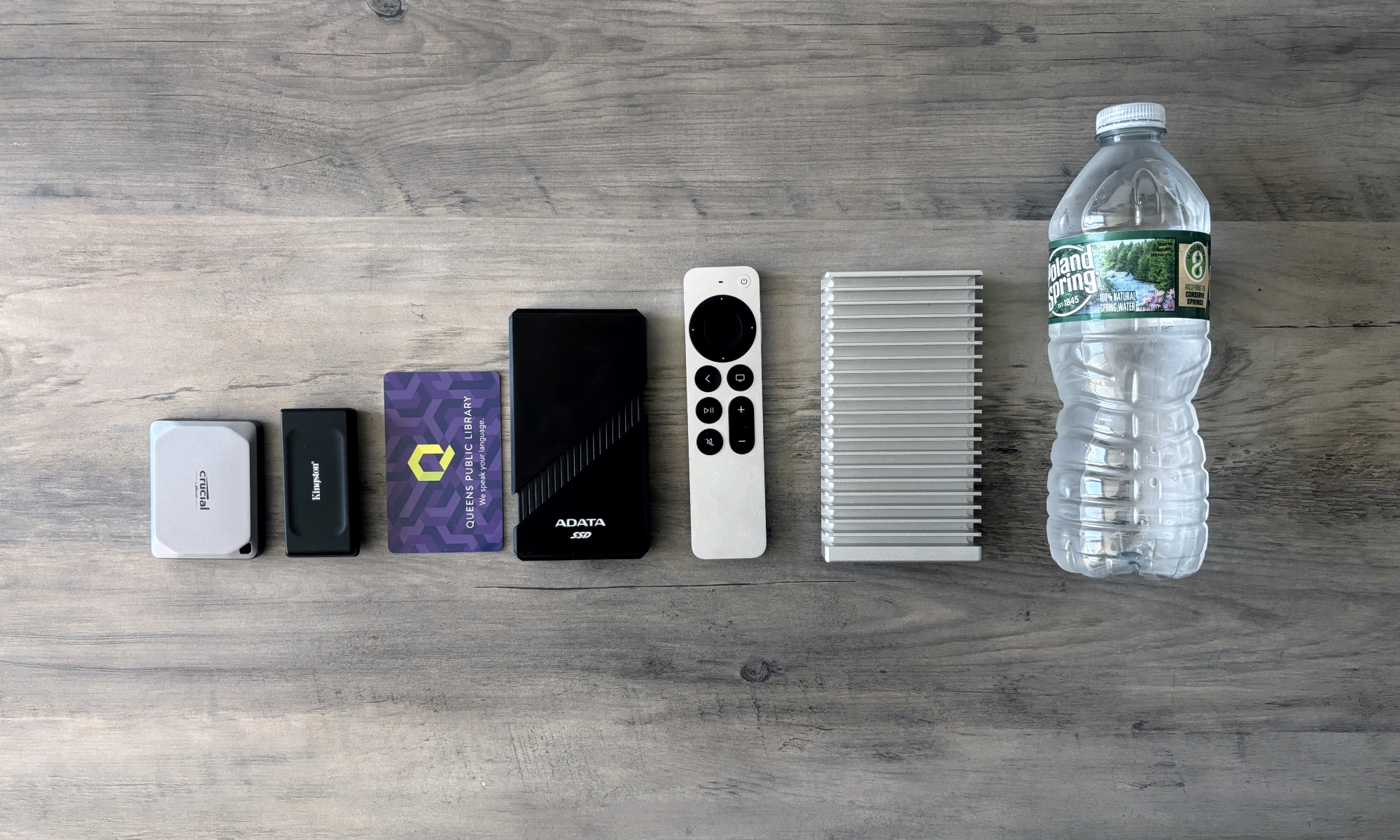 A set of objects rest in a line on a brown wooden table from smallest to largest, showcasing the size differences between them. Left to right: the Crucial X9 Pro, the Kingston XS1000, a library card, the ADATA SE920, an Apple TV 4K remote, the OWC Express 1M2 and a 500mL Poland Spring water bottle.