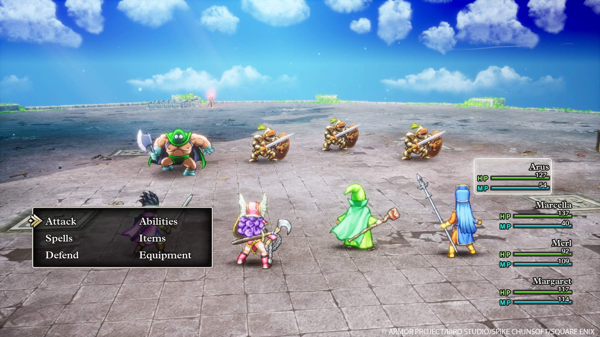 Battle screen from the Dragon Quest III HD-2D Remake. Three hero characters (foreground) line up to battle four enemies (background). 16-bit graphical style with modern touches.